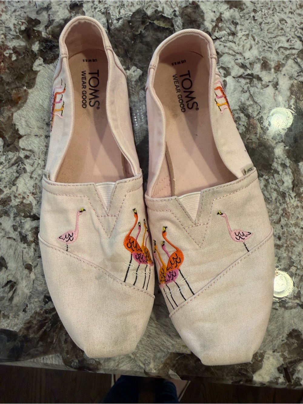 TOMS Pink Canvas Slip-On Flats with Embroidered Flamingos